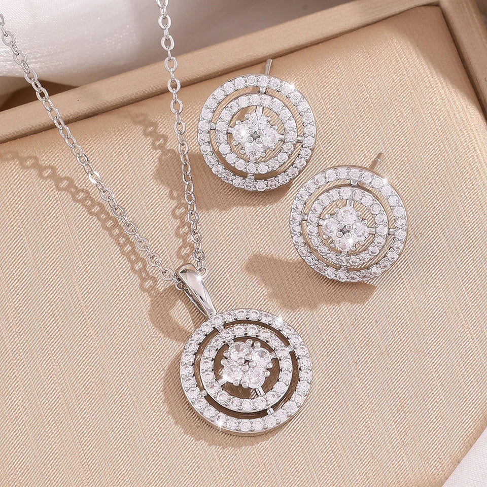 ZAKOL Minimalist Fashion Women Jewelry Set Round Cubic Zirconia Pendant Necklace Earrings Bridal Wedding Accessories