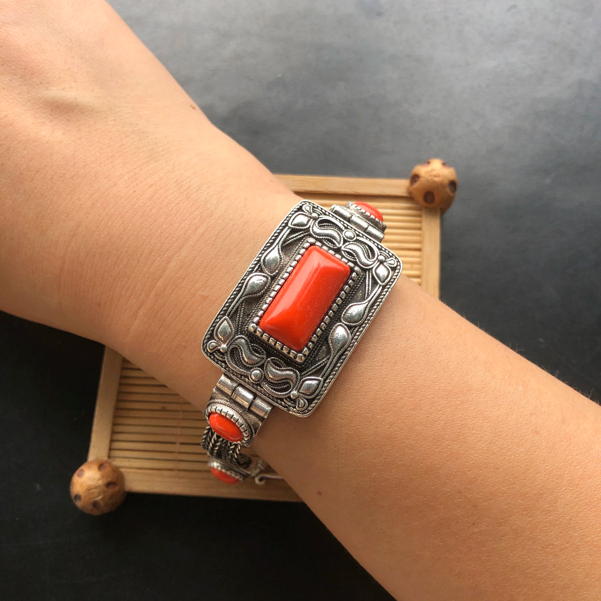 Vintage Tibetan Silver Bracelet Multi‑Chain Braided Band Rectangle & Oval Red Synthetic Stone Ornate Carved Ethnic Retro Women H