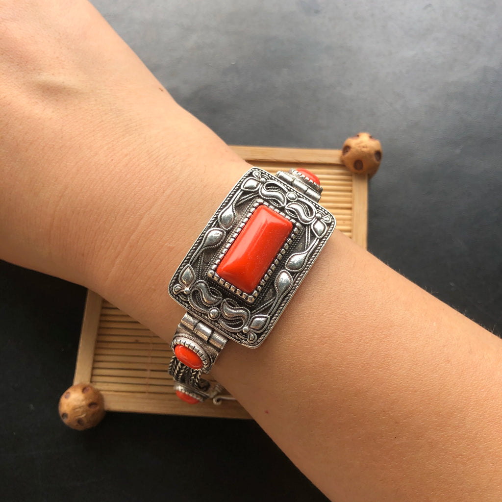 Vintage Tibetan Silver Bracelet Multi‑Chain Braided Band Rectangle & Oval Red Synthetic Stone Ornate Carved Ethnic Retro Women H