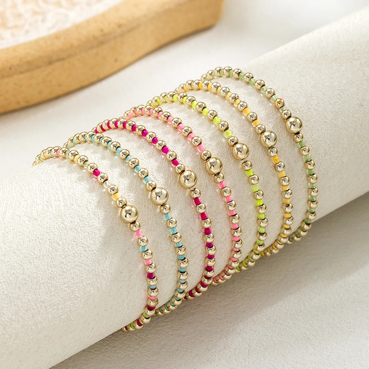 7 Bohemian style colorful rice bead bracelets with multiple layers of stacked beads, women's elastic thread bracelet