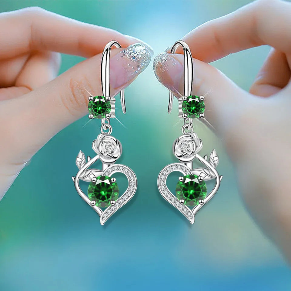 Rose Flower Heart Drop Earrings For Women Silver Color Blue Red Green Pink Zircon Valentine Dangle Earring Mothers Day Jewelry