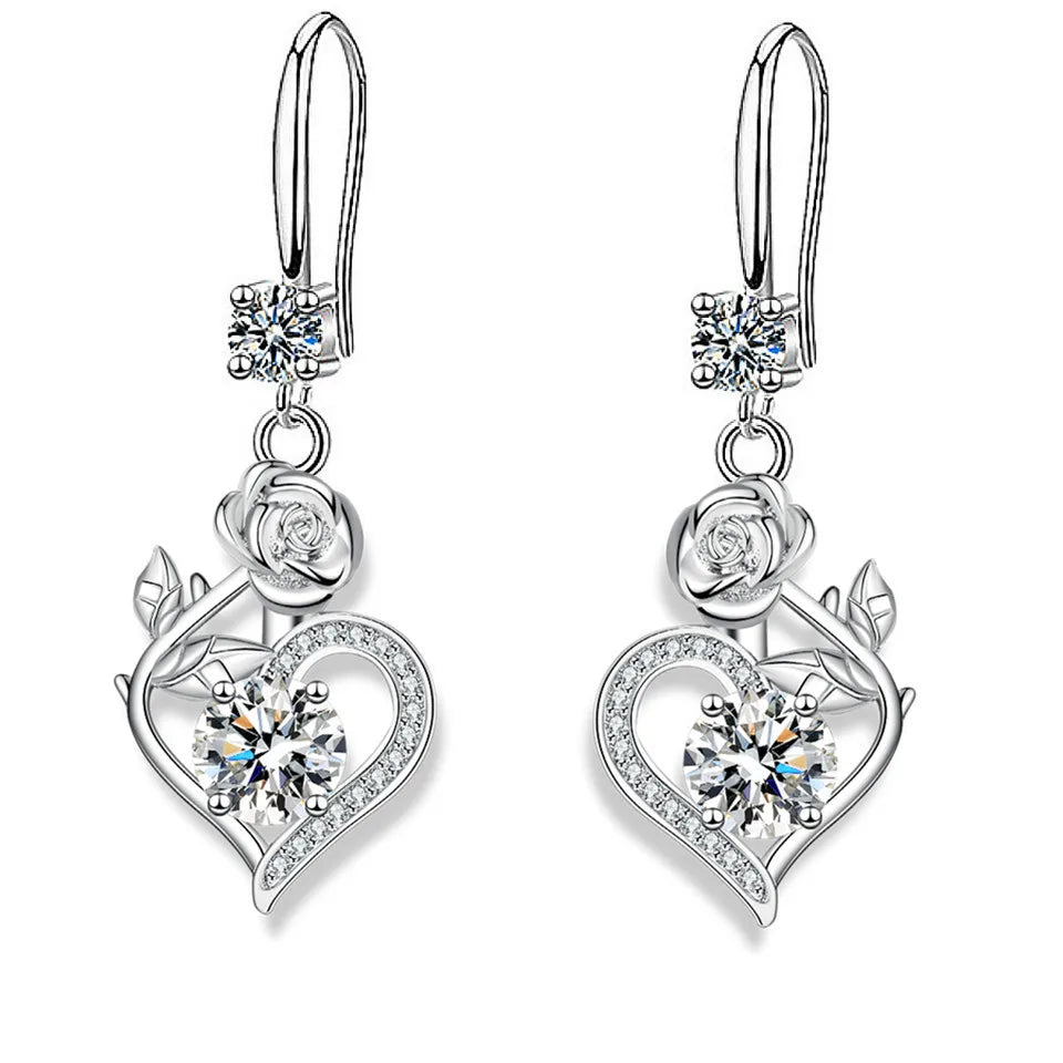 Rose Flower Heart Drop Earrings For Women Silver Color Blue Red Green Pink Zircon Valentine Dangle Earring Mothers Day Jewelry
