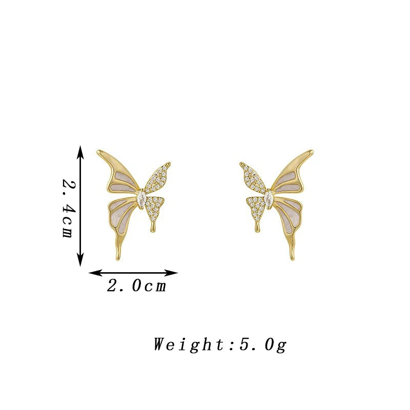 Golden Butterfly Stud Earrings with Pink Enamel Wings