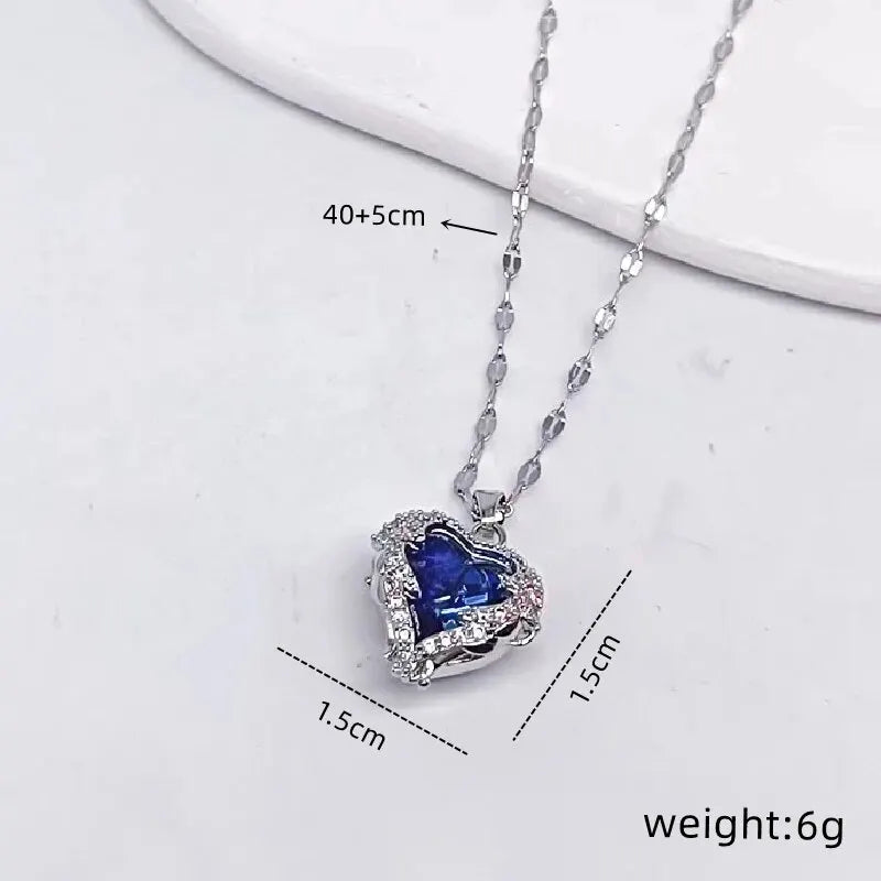 Blue Gem Heart Necklace with Rhinestone Accents