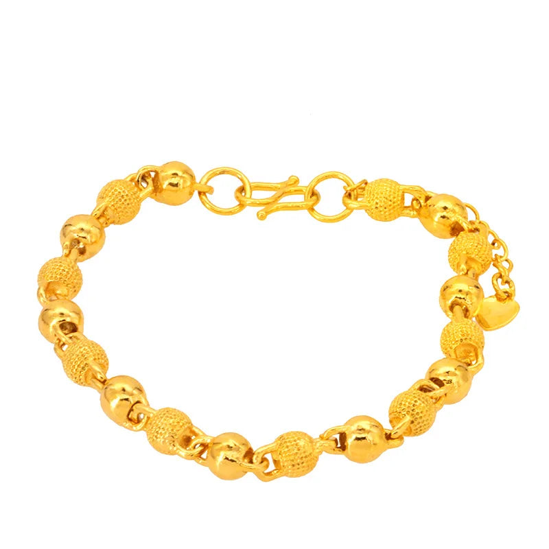 24k Plated Frosted Gold Solid Ball Bead Bracelet Women Jewelry Gift